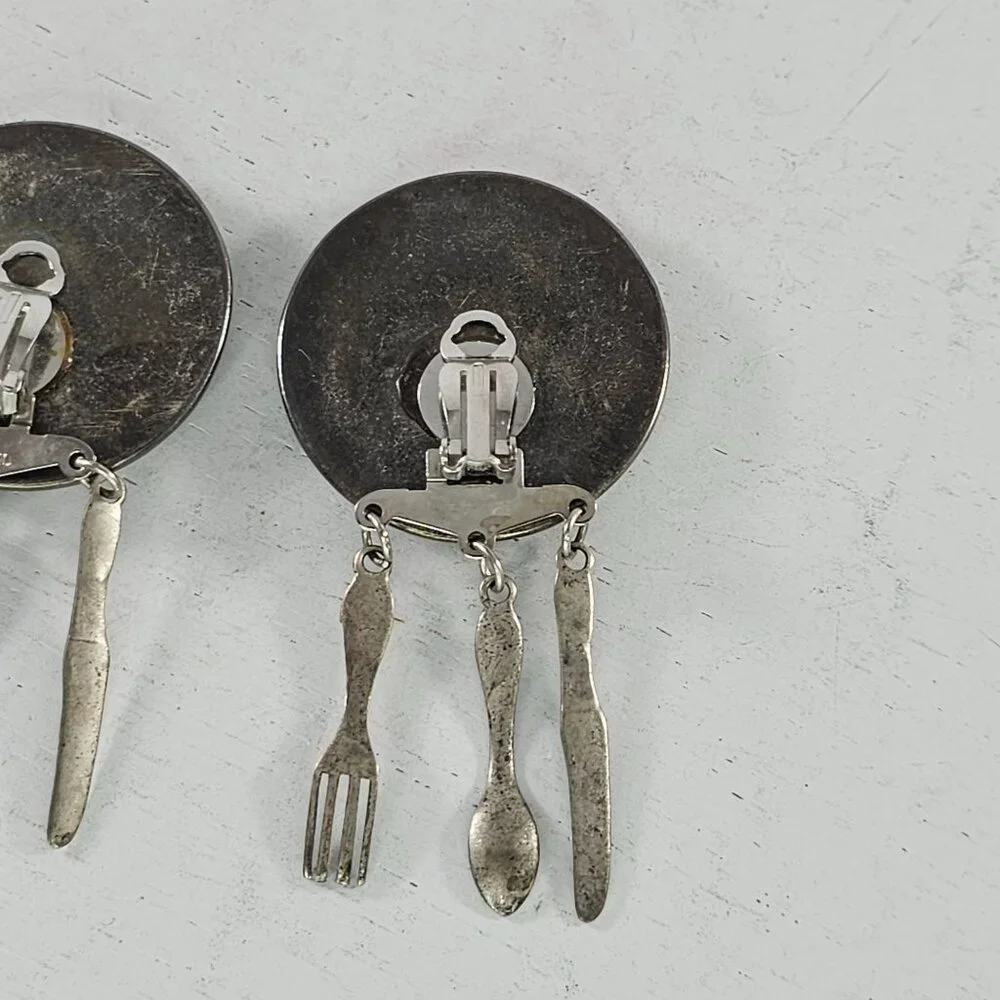 Vintage Clip On Earrings With Dangling Utensils Fork Spoo Knife Charms - Picture 7 of 8